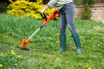 Woman gardener using electric weed trimmer to trim grass in garden. Lawn care in yard
