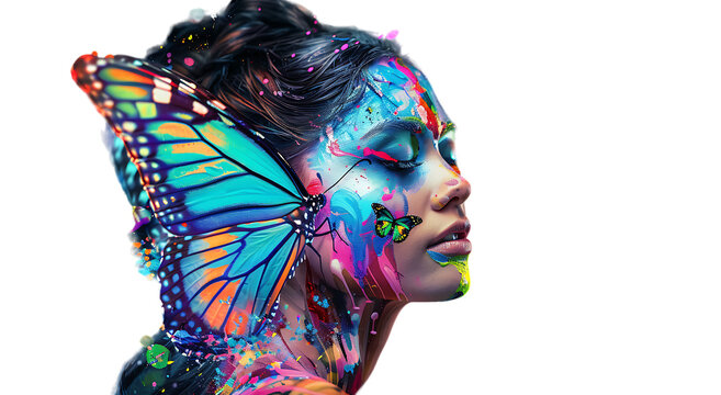 A beautiful woman with butterfly wings and colorful paint splashes on her face and body in the style of abstract painting against a white background