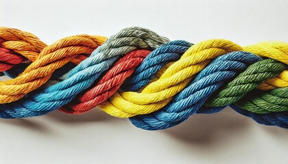 Colorful ropes tied together on white background. Unity concept 