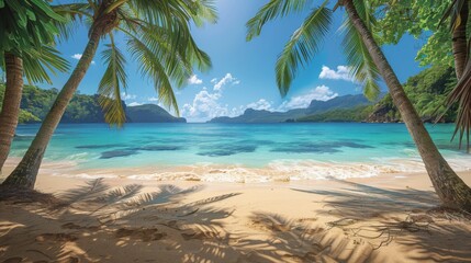 Beautiful tropical beach with palm trees and turquoise sea water on a sunny day, Seychelles. Honey colored sand. Beautiful seascape background for a summer vacation concept or travel advertising