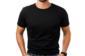 A muscular man in a black t-shirt mock up, viewed from the front isolated on white background