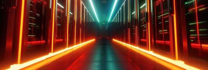 Orange glowing data centre hallway server room high tech digital technology background