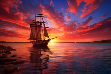 Fototapeta premium Vibrant Sailboat sea sunset view. Tourism vacation. Generate Ai