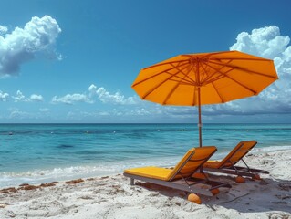 A beach umbrella yellow stuck in the sand with an empty lounge chair next to it. realistic photo