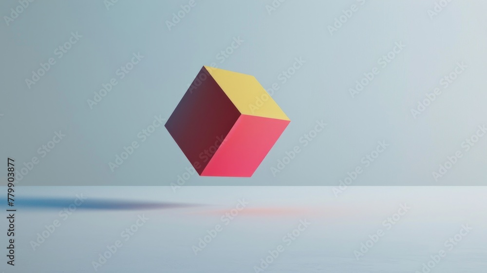 Poster a minimalist, monochromatic background with a single, brightly colored geometric shape floating in t