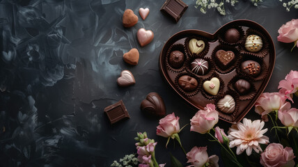 Obraz na płótnie Canvas 3D Luxury valentine chocolates in heart shaped gift box and tender flowers 2 Generative AI