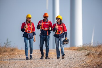 engineer team inspection check control wind power machine construction installation in wind energy...