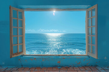 A window with a view of the ocean