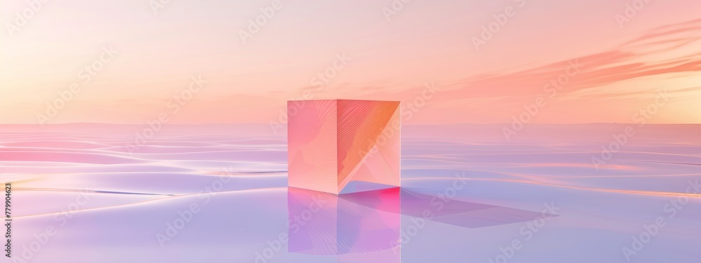 Poster a minimalist, monochromatic background with a single, brightly colored geometric shape floating in t