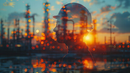 Obraz premium Banner Petrochemical oil AI technologies, gas electricity engineering project devotion with double exposure design. Toning blue and sunlight color.