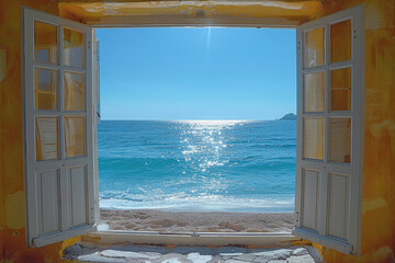 A window with a view of the ocean