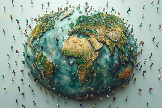 Miniature people dispersed around globe overpopulation. Environment growing population concept