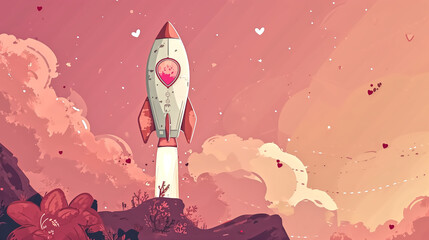 Cartoon rocket launching into a pink sky with hearts and clouds. Whimsical space exploration concept illustration for children's book and Valentine's Day theme.