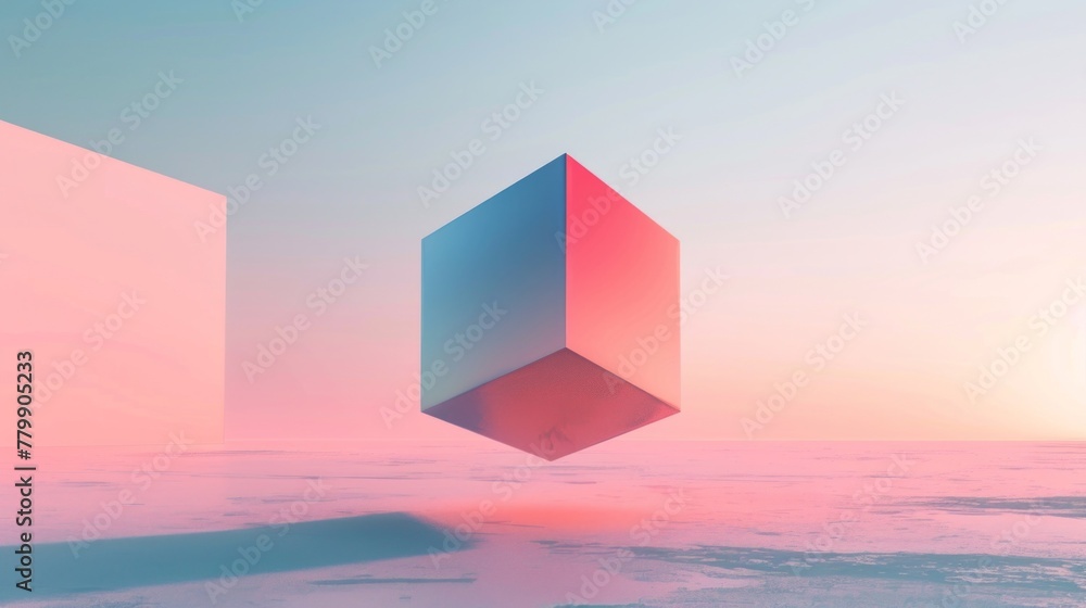 Poster a minimalist, monochromatic background with a single, brightly colored geometric shape floating in t