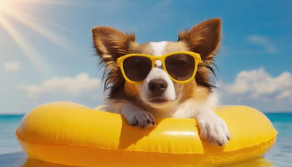  Adorable dog lounging on a yellow float in the pool, wearing stylish sunglasses under the sunny sky