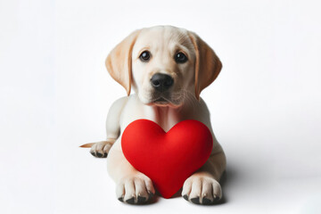 dog with big red Heart on solid white background