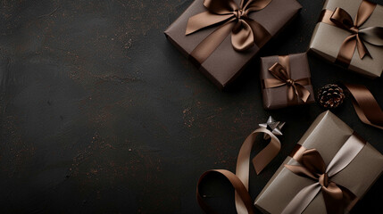 Elegant gift boxes satin ribbons dark background. Copy space, top view. Celebration present