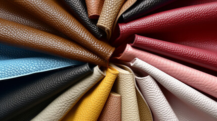 Assorted Leather Samples Raw Material Swatches in Diverse Colors and Textures - Leather Fabric Samples for Bags, Wallets, Shoes, Clothing, Accessories and Upholstery Design. Top View Flat Lay.