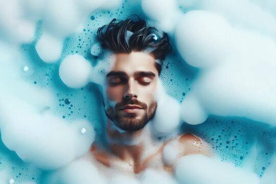 man in bath with foam and bubbles blue bright background
