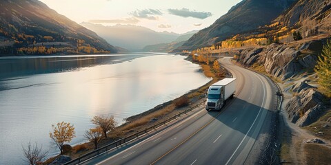 a truck driving on a road next to a river