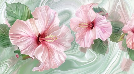 Abstract illustration of pink hibiscus flowers with green leaves on a sea wave pattern background
