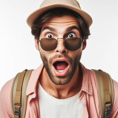 Surprised man in a cap and sunglasses tourist on a white background - obrazy, fototapety, plakaty