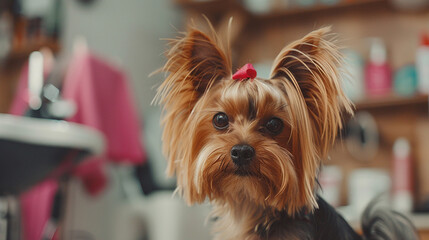 Adorable Yorkshire Terrier stylish haircut dog salon. Animal pet care