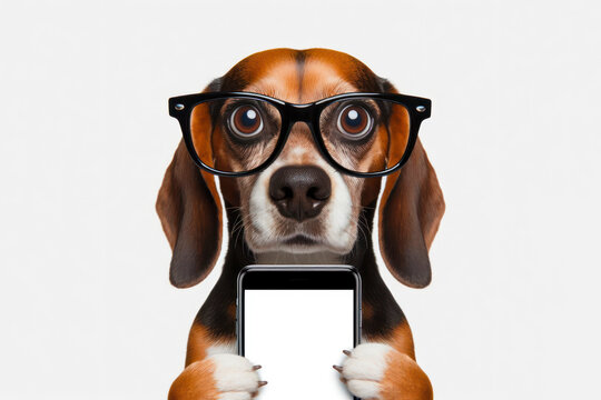 dog wear glasses hold smartphone with white screen with strange facial expressions on solid white background