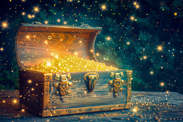 A treasure chest opening to reveal a magical light, cartoon eyes sparkling with the promise of adventure - obrazy, fototapety, plakaty