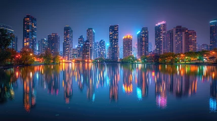 Foto op Plexiglas A cityscape at night, with skyscrapers and city lights reflecting in a lake © Veniamin Kraskov
