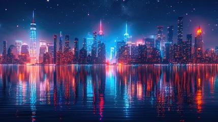 Foto op Plexiglas A cityscape at night, with skyscrapers and city lights reflecting in a lake © Veniamin Kraskov