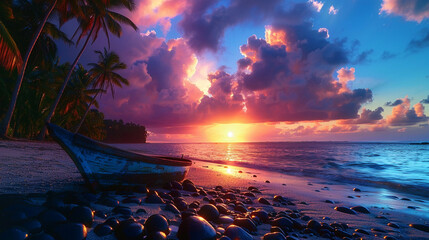 Idyllic tropical sunset, beach, coconut palms, boat. Shoreline stones - obrazy, fototapety, plakaty