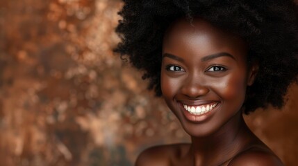 Portrait of a joyful Black woman with a beautiful smile and natural curly hair against a blurred brown background, banner with copy space  - obrazy, fototapety, plakaty