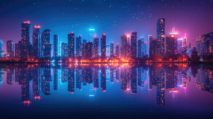 A cityscape at night, with skyscrapers and city lights reflecting in a lake