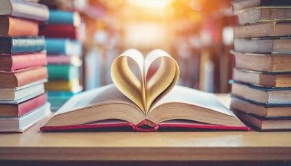 Love story book with open page of literature in heart shape and stack piles of textbooks on reading...