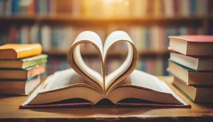 Love story book with open page of literature in heart shape and stack piles of textbooks on reading...