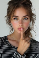Naklejka premium Young woman with blue eyes and freckles touching her lips with a finger, asking for silence, striped shirt, against light gray background 
