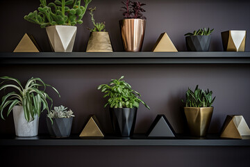 A row of decorative plant pots in various geometric shapes and metallic finishes. - Powered by Adobe