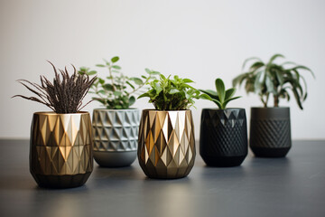 A row of decorative plant pots in various geometric shapes and metallic finishes.