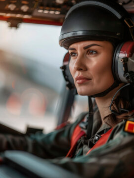 A female pilot in a flight suit sits at the controls of a helicopter wearing a headset