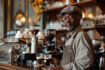 Mature male with beard, wearing apron, stands by coffee machine, exuding experienced barista vibes, with warm lighting of cafe setting adding to welcoming atmosphere.
