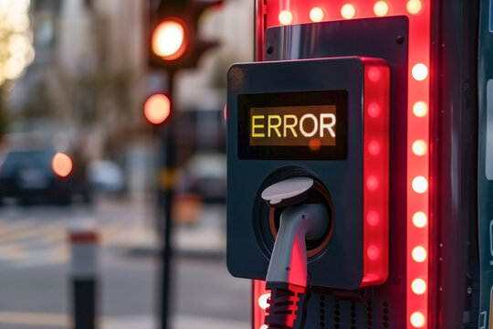 The display on the electric charging station shows an error message, failed attempt charging