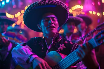 Mexican musicians Mariachi at party.