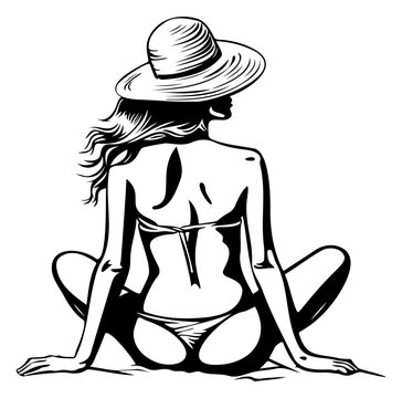 beautiful women sit Turn your back in beach outfit