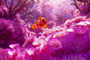 A vivid orange clownfish explores the nooks of a pink anemone in a serene underwater landscape. - obrazy, fototapety, plakaty