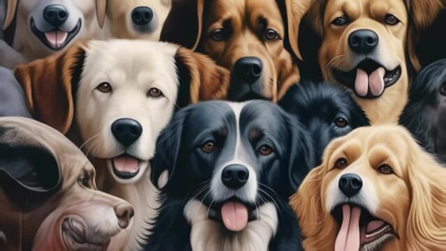 dogs portraits, puppy faces collage collection, many dog’s muzzle of different breeds, Generative AI