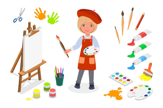 Flat Vector Illustration of Painting, Young Creative Painter with Art Attributes
