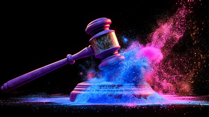 An abstract explosion of colors emanating from a gavel, symbolizing the impact of justice.