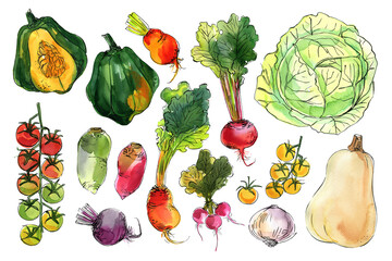 Vegetables food illustrations. Watercolor and ink sketches. Pumpkin, beets, pumpkin, tomatoes, garlic - 779908489