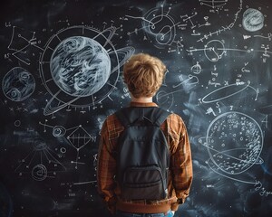 Physics Teacher Revealing the Secrets of the Cosmos on Chalkboard with Cosmic